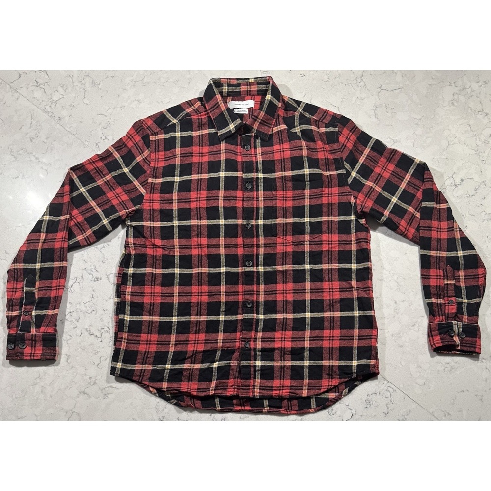 Urban Outfitters Mens Flannel Shirt Medium Red Black Plaid Button Up Long Sleeve